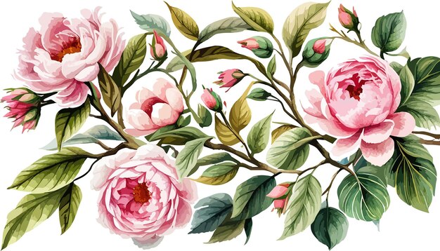 Bordure de fleurs aquarelle rose floral avec arrangement de couronne d'hortensia rose pivoine pour carte