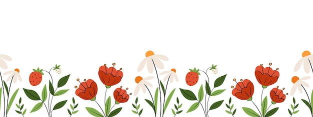 Bordure Florale D'été Avec Des Marguerites De Coquelicots Et Des Fraises