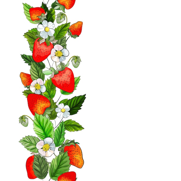 Vecteur bordure avec fraise, feuilles et fleurs