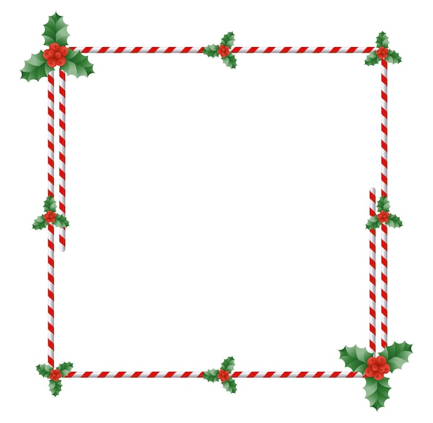 Bordure de houx de Noël avec des feuilles vertes et des baies rouges Cadre de bonbons de Noël