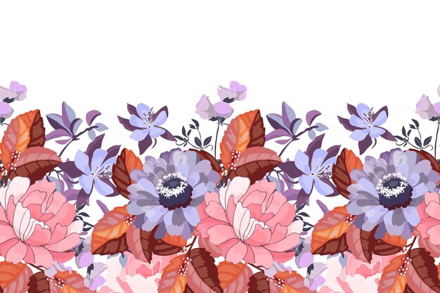 Bordure De Motif Floral Sans Soudure De Vecteur Conception Panoramique Horizontale Avec Des Fleurs Lilas Et Roses