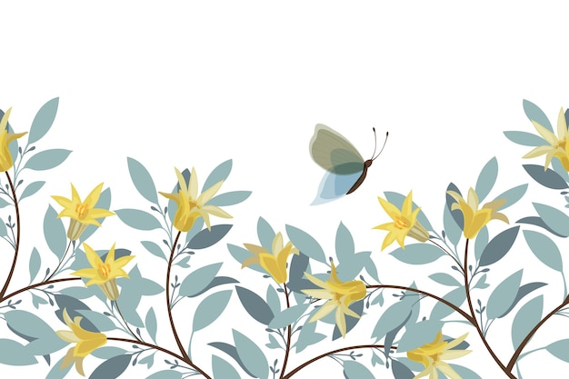 Bordure de motif panoramique sans couture florale de vecteur Rameaux bleus feuilles fleurs jaunes papillons
