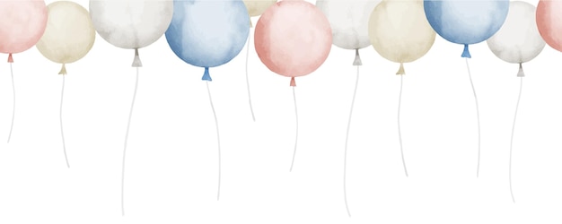 Vecteur bordure sans couture avec de l'air ballons en couleurs bleu pastel et beige illustration à l'aquarelle dessinée à la main pour les cartes de vœux ou les invitations de joyeux anniversaire modèle pour le cadre sur un fond isolé