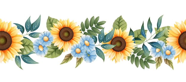 Vecteur bordure sans couture avec des tournesols et des marguerites bleues sur un fond isolé motif floral avec des fleurs sauvages ornement pour la décoration et la conception de bannières de cartes