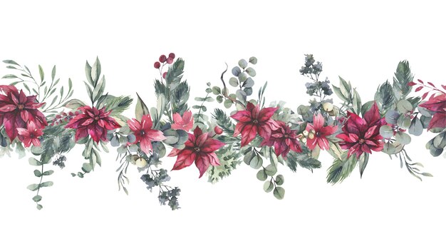 Bordure Transparente Aquarelle Avec Fleurs Rouges Et Feuilles Vertes.