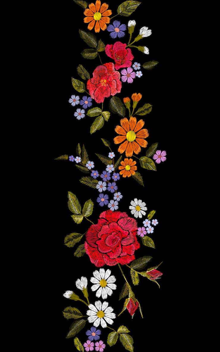 Vecteur bordure transparente de broderie de marguerite rose rouge bleu violet violet