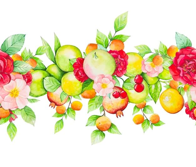 Bordure transparente avec fruits oranges pêches grenades cerises fleurs aquarelle