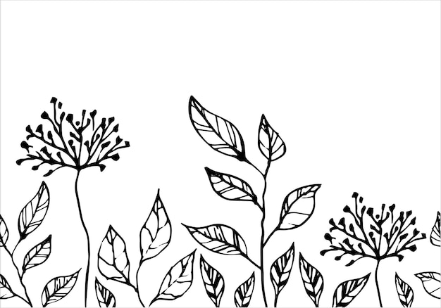 Bordure vectorielle continue avec des feuilles et des baies Ensemble d'encre à la main dessinant des plantes sauvages et des herbes illustration botanique artistique monochrome pour les arrière-plans Temlate pour les cartes de mariage et la polygraphie