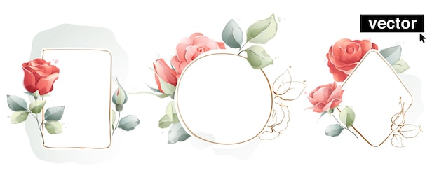 Vecteur bordures carrées, circulaires et diamantées avec des fleurs, des feuilles et des boutons de roses roses. éléments de style aquarelle de vecteur. parfait pour les invitations, les concepts de mariage, les cartes de vœux décoratives et les affiches écologiques.