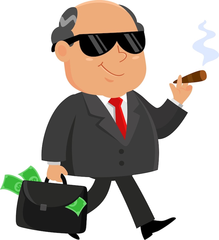Vecteur boss d'affaires personnage de dessin animé marchant avec une mallette pleine d'argent