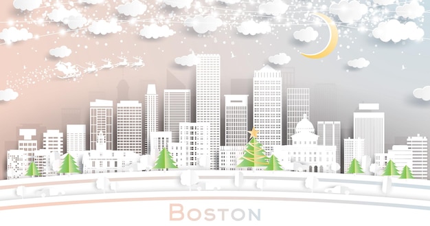 Boston Massachusetts USA City Skyline en papier découpé avec des flocons de lune et une guirlande de néon