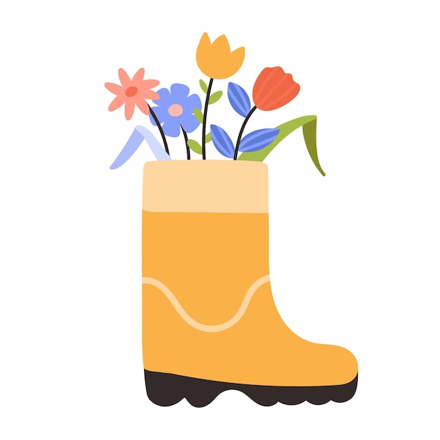 Botte En Caoutchouc Jaune Avec Fleurs Printanières Isolées Sur Fond Blanc Illustration Vectorielle De Dessin Animé