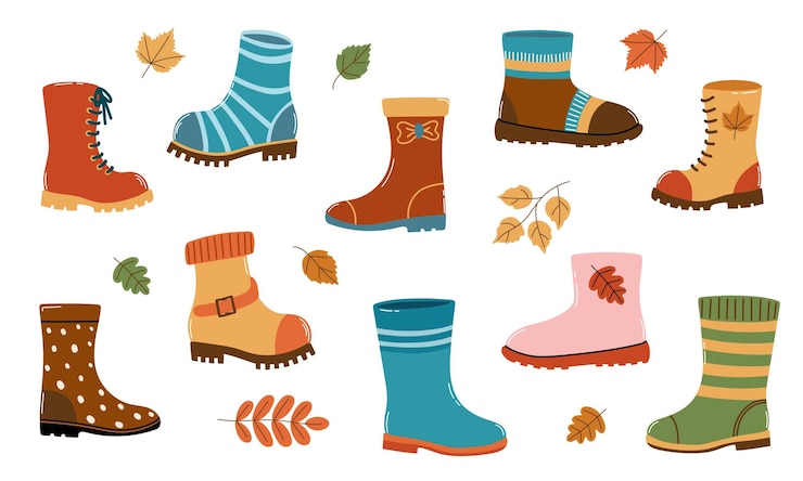 Vecteur des bottes d'automne isolées sur des chaussures blanches pour le temps pluvieux illustration vectorielle plate
