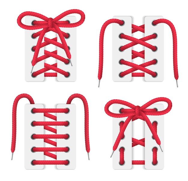 Bottes blanches chaussures corsets laçage rouge ensemble réaliste avec croisement sous l'illustration des motifs d'écart en dents de scie