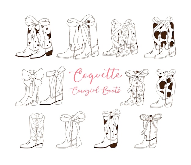 Des Bottes De Cow-girl Roses Coquettes Avec Un Nœud à Ruban, Collection De Contours Dessinés à La Main