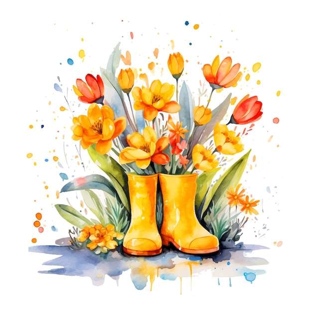 Vecteur bottes de jardin avec des fleurs à l'intérieur de la peinture aquarelle