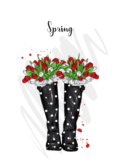 Bottes avec tulipes printanières et fleurs