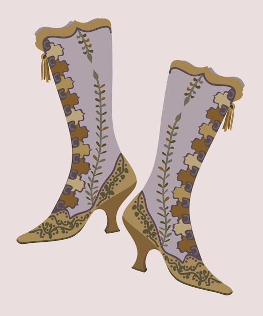 Bottes vintage à talons hauts avec décoration florale. Illustration vectorielle isolée sur fond clair.