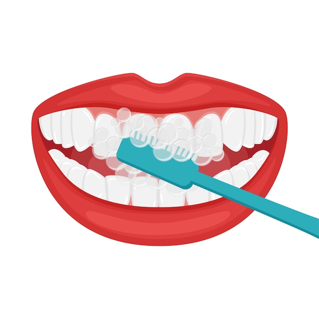 Bouche Ouverte. Se Brosser Les Dents Avec Une Brosse à Dents. Même Des Dents Blanches Et Des Lèvres Féminines Charnues. Hygiène Buccale