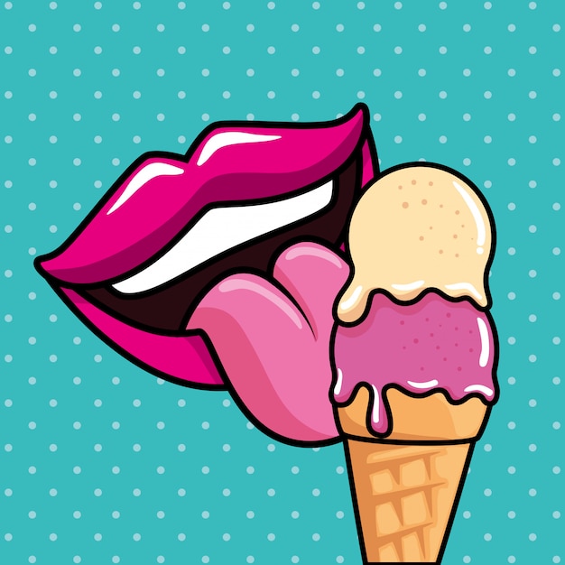 Bouche Sexy Avec La Langue Et Le Style Pop Art De La Crème Glacée