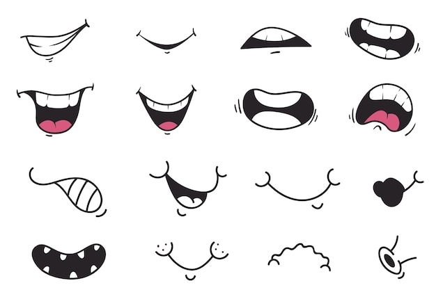 Vecteur bouche sourire dessin animé mignon doodle expression du visage ensemble isolé