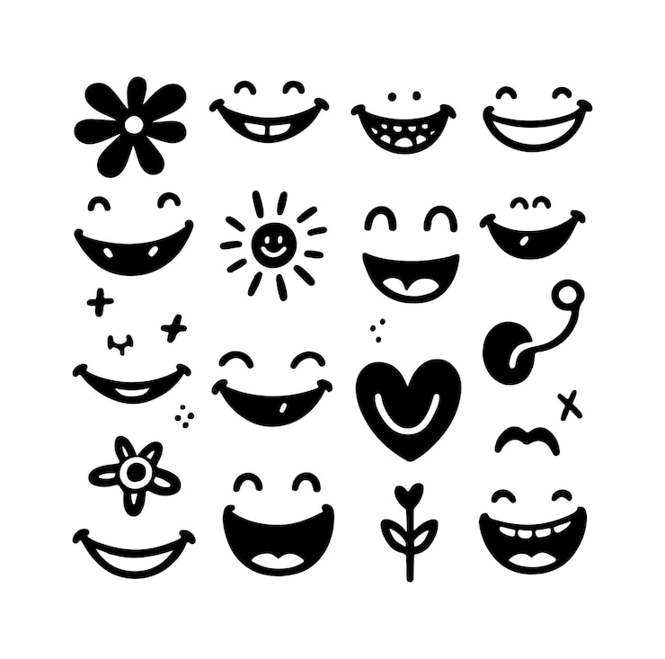 Vecteur bouche de style rétro sourire mignon dessin animé doodle expression du visage ensemble isolé