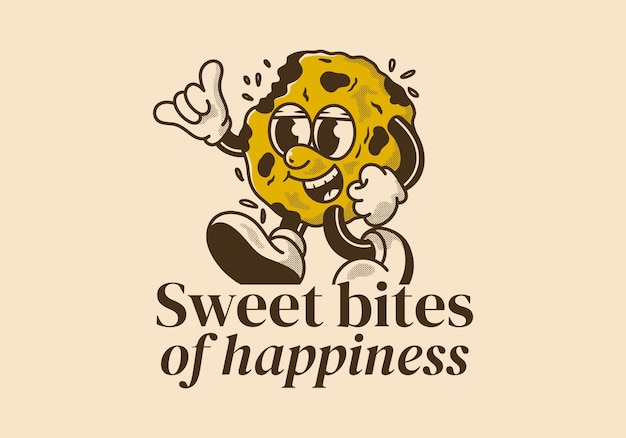 Des bouchées sucrées de bonheur Le personnage de la mascotte d'un cookie ambulant dans le style rétro