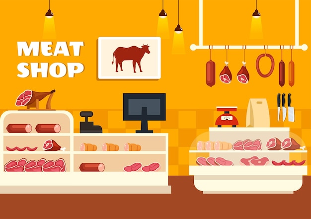 Boucherie ou marché Illustration avec divers produits de viande fraîche et saucisses de poulet de boeuf