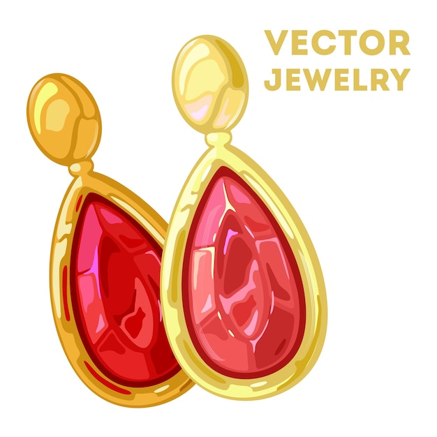 Vecteur boucles d'oreilles ou clips d'oreilles pendantes élégantes en or jaune en forme de goutte avec des pierres précieuses rouges.