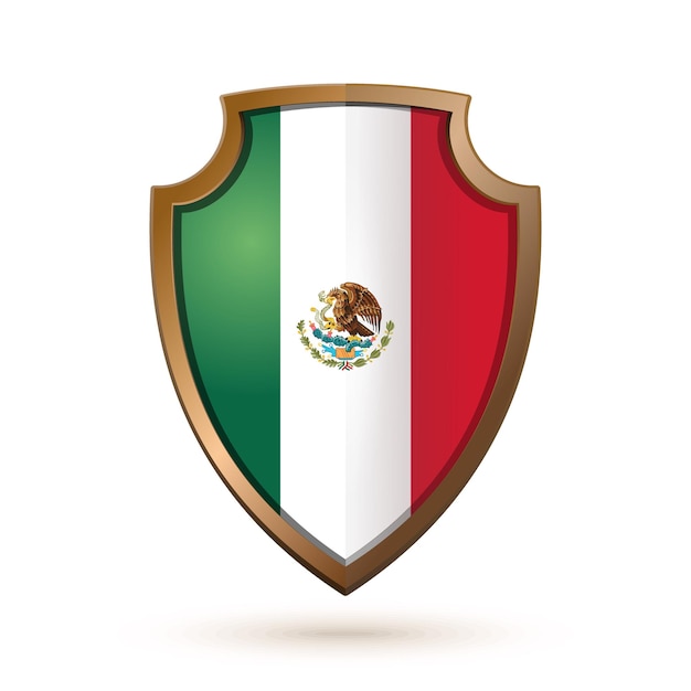 Bouclier d'or avec le drapeau du Mexique isolé sur blanc.