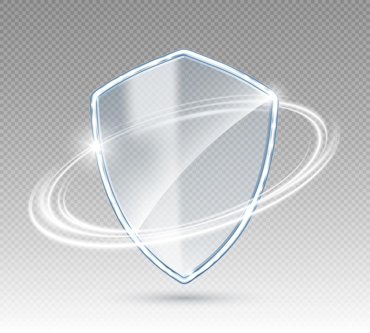 Vecteur bouclier de protection en verre transparent 3d avec effet lumineux blanc signale de sécurité concept de sécurité