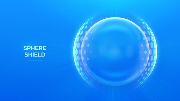 Vecteur bouclier de sphère de protection transparent en verre bouclier sphérique avec motif hexagonal sur fond bleu