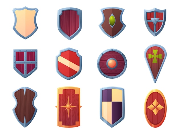 Boucliers de dessins animés Éléments de boucliers de jeu isolés Icones de sécurité de guerriers médiévaux Collection de gardiens en bois militaires Set de conception de UI vectoriel d'aujourd'hui