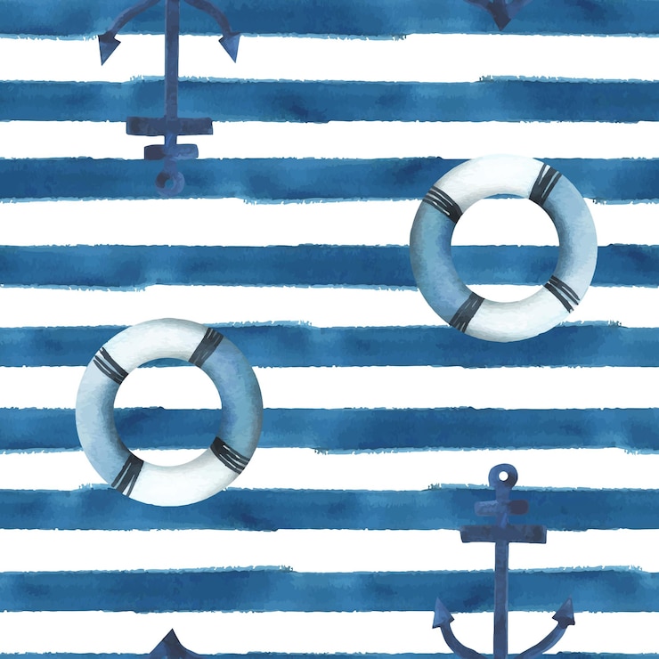 Vecteur bouée de sauvetage avec ancre avec des rayures nautiques bleues illustration à l'aquarelle dessinée à la main en enfantin