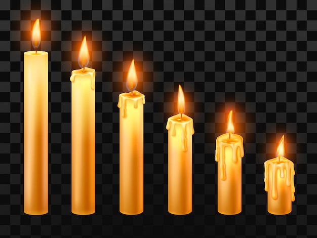 Bougie allumée. Brûler des bougies d'église, un feu de cire et une bougie de Noël isolé des objets réalistes