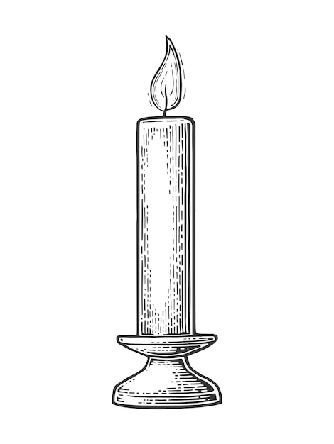 Vecteur bougie allumée avec support et flamme de feu isolé sur fond blanc illustration de gravure vectorielle vintage pour le web de l'affiche de célébration