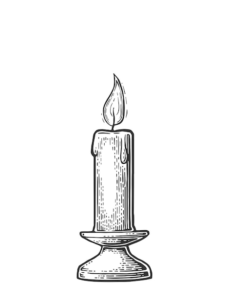 Bougie allumée avec support et flamme de feu Isolé sur fond blanc Illustration de gravure vectorielle vintage pour le web de l'affiche de célébration