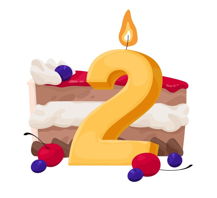 Vecteur bougie d'anniversaire 2 ans avec composition de gâteau de fête deuxième anniversaire de bday figure de cire avec deux symboles d'âge décor festif avec forme de nombre dessert sucré illustration vectorielle isolée plate sur blanc