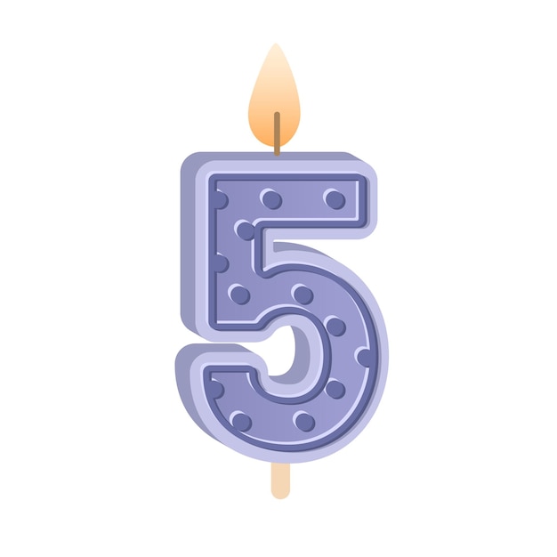 Vecteur bougie d'anniversaire en forme de 5 pour le 5e anniversaire. cire numéro cinq avec lumière pour le gâteau de vacances bday pour la fête du cinquième âge avec mèche de bougie rougeoyante. illustration vectorielle plane isolée sur fond blanc.