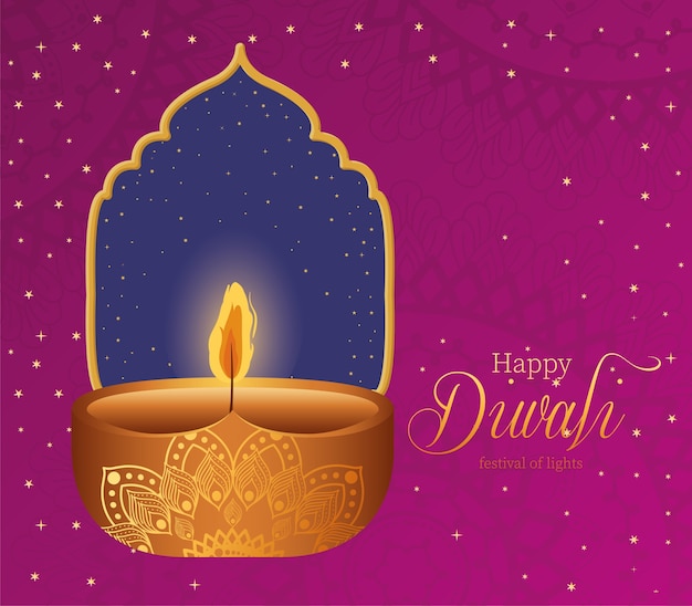 Vecteur bougie joyeux diwali avec cadre sur rose avec design de fond de mandalas, thème festival des lumières