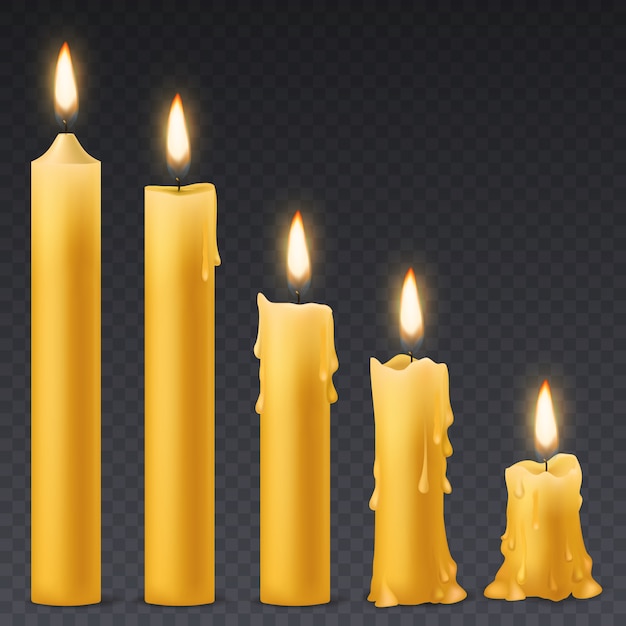 Des bougies allumées. Bougie de cire avec feu scintillant. ensemble de célébration d'anniversaire romantique
