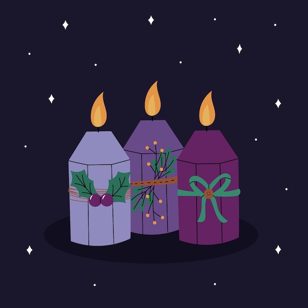 Bougies de l'Avent violettes dessinées à la main illustrées