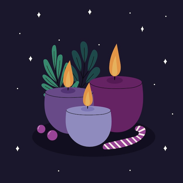 Bougies de l'Avent violettes dessinées à la main illustrées