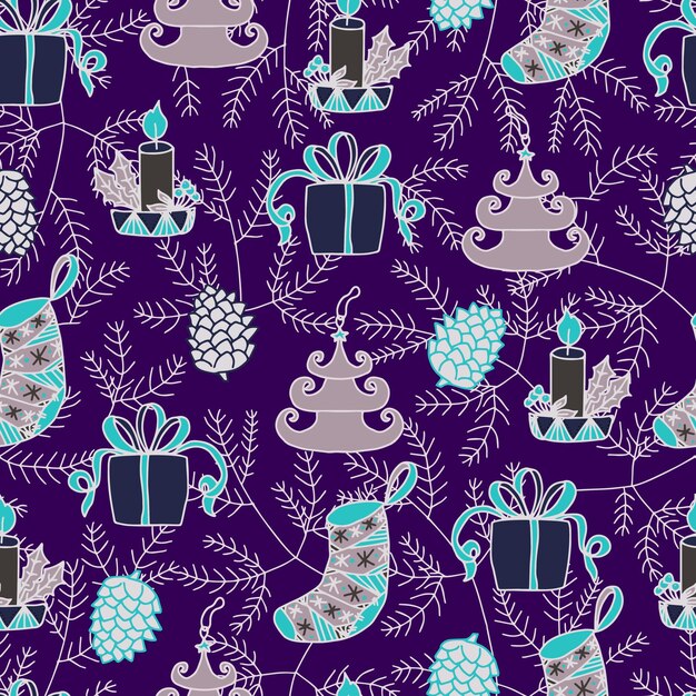 Bougies de Noël Boules de Noël sous forme d'arbres Chaussettes de Noël boîtes de cadeaux et de cônes sur le fond d'un arbre de Noël vecteur modèle sans couture Fond d'hiver pour l'emballage