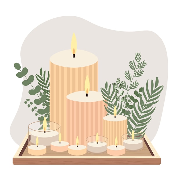Des bougies parfumées sur un plateau en bois Illustration plate vectorielle minimaliste