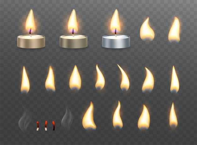 Vecteur bougies à thé et effets de flammes de feu. ensemble d'effets de lumière brûlante sur transparent