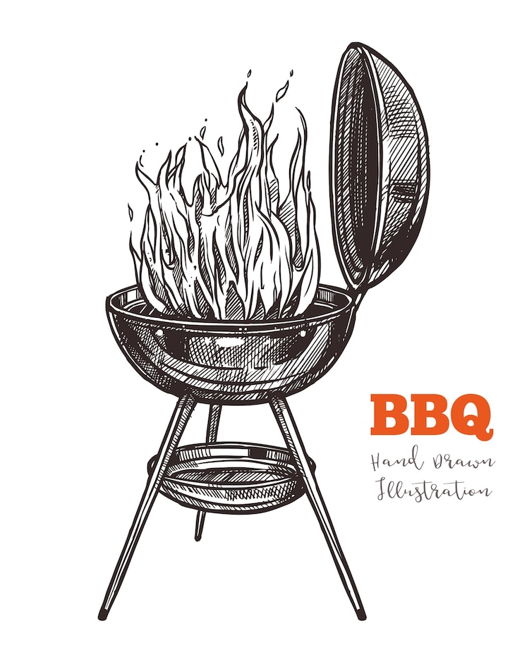 Vecteur bouilloire barbecue avec croquis de flamme