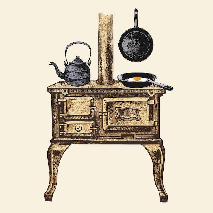Vecteur bouilloire en fonte ancienne et un œuf dans une poêle. dessin vectoriel vintage. style rétrox.