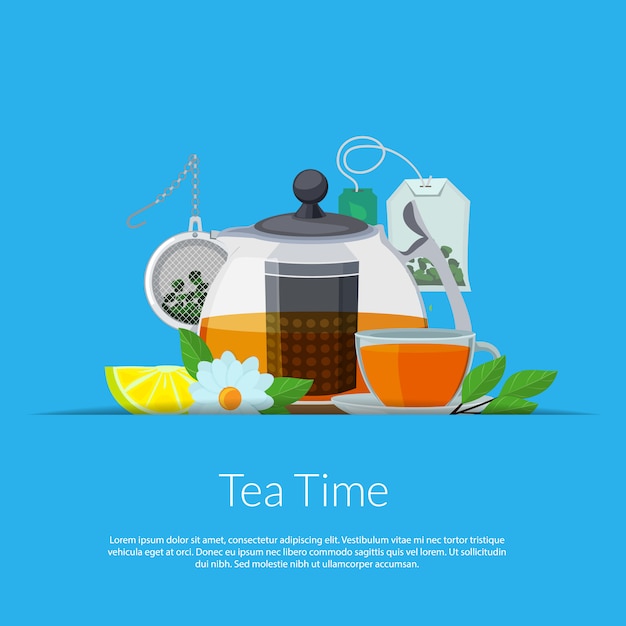 bouilloire de thé de dessin animé et tasse en illustration de poche de papier