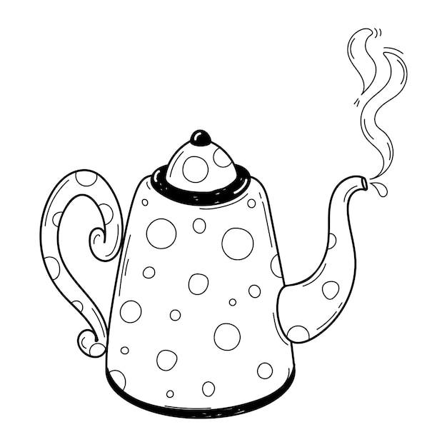 Vecteur bouilloire à thé noir et blanc vintage avec théière rustique à vapeur chaude avec boisson aux herbes d'automne illustration doodle isolée sur fond blanc
